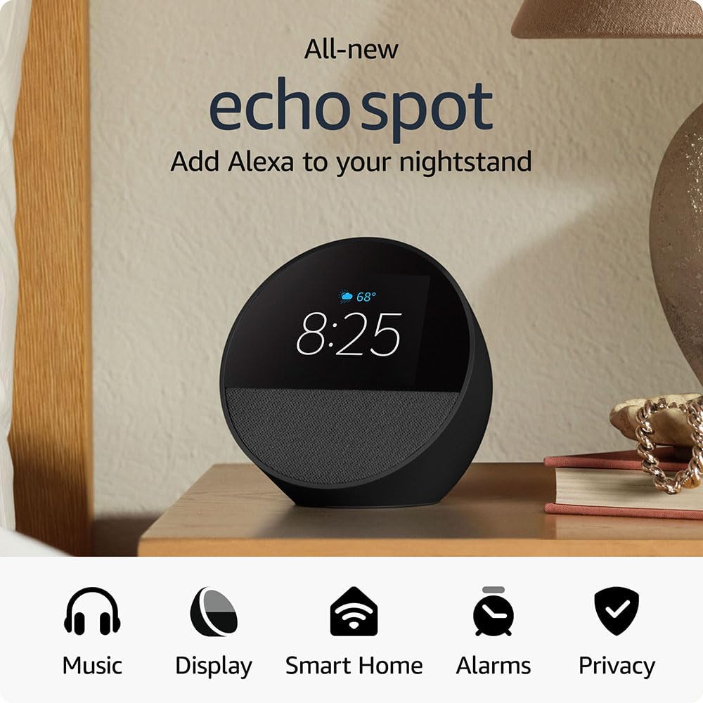 All-New Echo Spot Smart Alarm Clock with Vibrant Sound