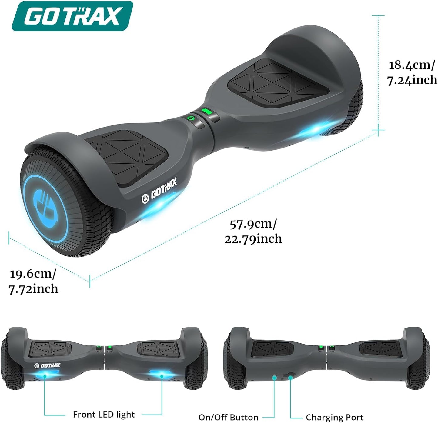 GOTRAX Hoverboard with 6.5" LED Wheels & Headlight | Ages 10+ 44-176Lbs - 6.2Mph Power by Dual Brushless Motor, UL2272 Certified - 50.4Wh/93.6Wh Battery